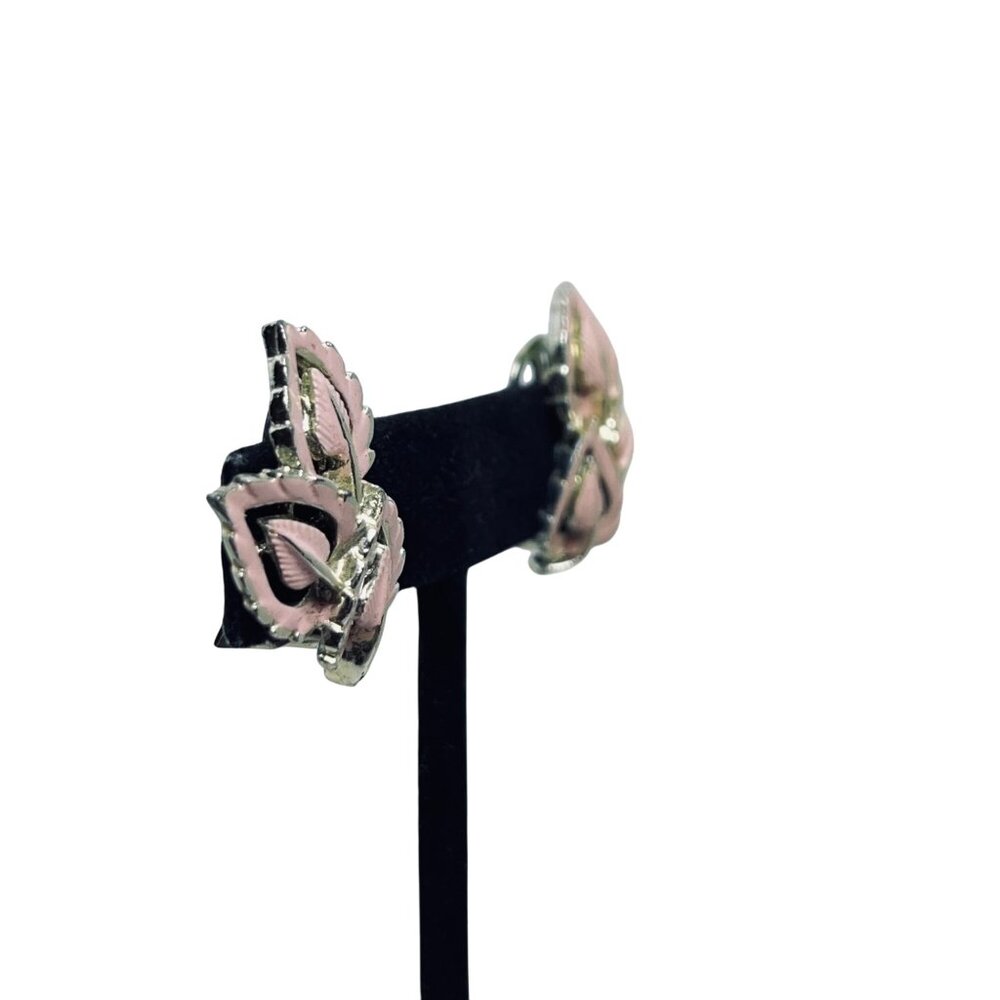 Gold Tone & Pink Enamel Bouquet Brooch W/ Matching Clip On Earrings Set (5750) - Picture 9 of 10